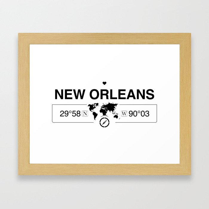 New Orleans Louisiana Map GPS Coordinates Artwork Framed Art Print