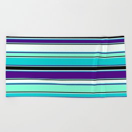 [ Thumbnail: Mint Cream, Dark Turquoise, Indigo, Aquamarine, and Black Colored Striped/Lined Pattern Beach Towel ]