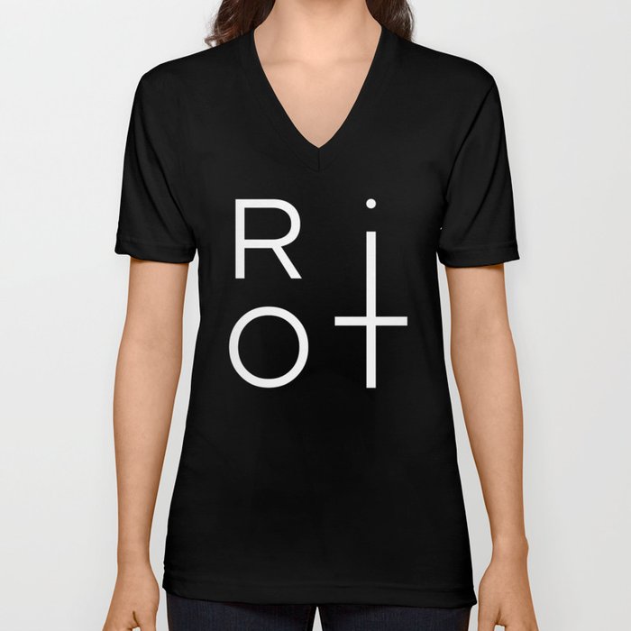 Riot Typography with Inverted Cross V Neck T Shirt