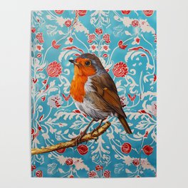 Robin Blue Red Florals Poster