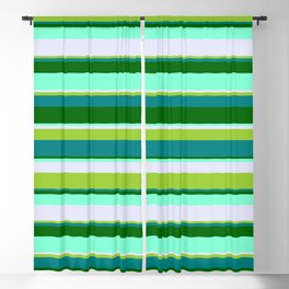 [ Thumbnail: Eyecatching Green, Teal, Dark Green, Aquamarine & Lavender Colored Striped/Lined Pattern Blackout Curtain ]