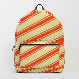 [ Thumbnail: Pale Goldenrod & Red Colored Lined Pattern Backpack ]