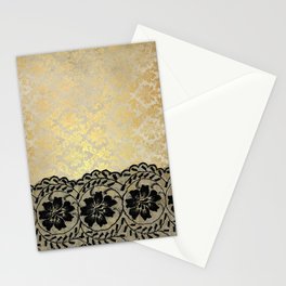 Black floral luxury lace on gold damask pattern Stationery Card