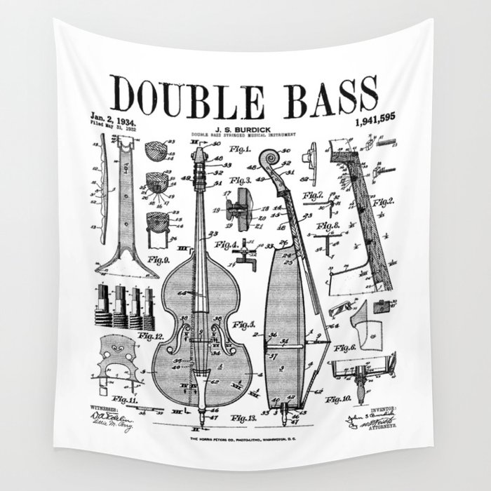 Double Bass Player Bassist Musical Instrument Vintage Patent Wall Tapestry