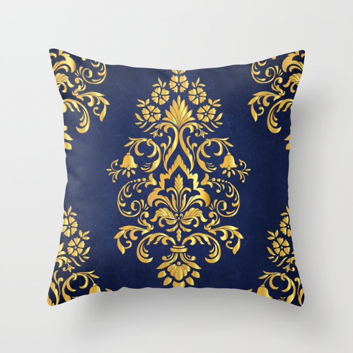 Navy Blue & Gold Damask Flower Pattern Throw Pillow