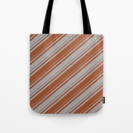 [ Thumbnail: Dark Gray and Sienna Colored Striped/Lined Pattern Tote Bag ]