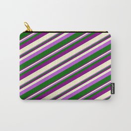 [ Thumbnail: Orchid, Dark Green, Purple, and Light Yellow Colored Stripes Pattern Carry-All Pouch ]