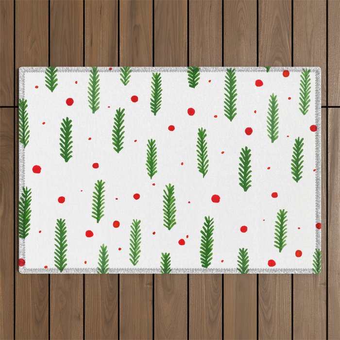 Christmas branches and dots - green and red Outdoor Rug