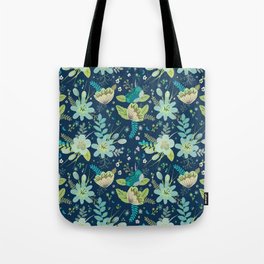 Navy and Mint Flowers Tote Bag