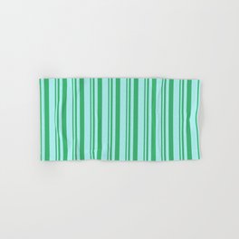 [ Thumbnail: Sea Green and Turquoise Colored Lined/Striped Pattern Hand & Bath Towel ]