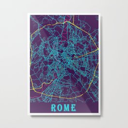 Rome Neon City Map, Rome Minimalist City Map Metal Print