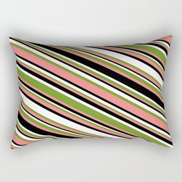 [ Thumbnail: Green, Light Coral, Black & White Colored Lined/Striped Pattern Rectangular Pillow ]