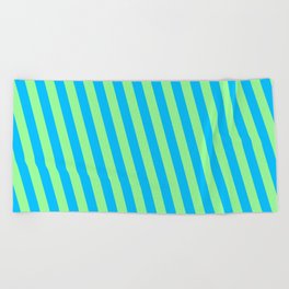 [ Thumbnail: Deep Sky Blue and Green Colored Striped/Lined Pattern Beach Towel ]