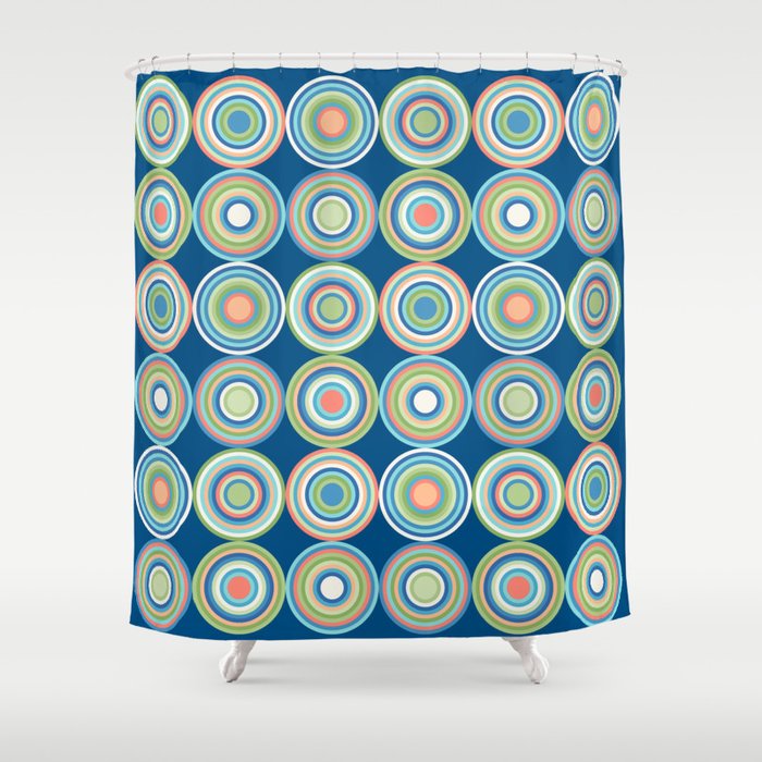 Mid Century Modern Bullseye Circles // Retro Geometric // Blue, Turquoise, Coral, Green, Peach, Ivory Shower Curtain