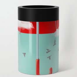 Teal Sky Red Umbrella Can Cooler