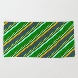 [ Thumbnail: Orange, Dark Slate Gray, Aquamarine, and Green Colored Stripes Pattern Beach Towel ]