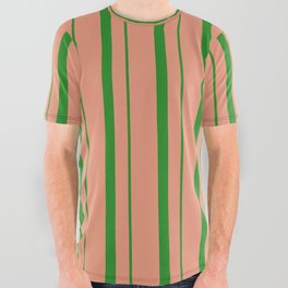 [ Thumbnail: Dark Salmon & Forest Green Colored Lines Pattern All Over Graphic Tee ]