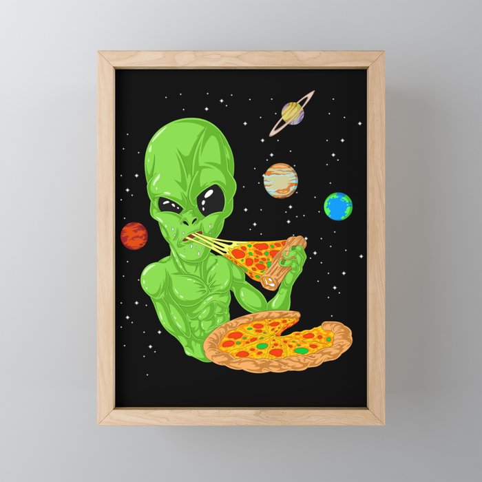 alien eating pizza Framed Mini Art Print