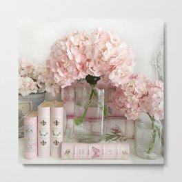 Shabby Chic Pink Hydrangeas Books Mirror Wall Print and Home Decor Metal Print