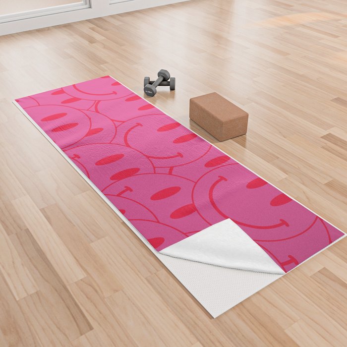 All Smiles -Large Pink and Red Smiley Face Mania - Preppy Aesthetic Yoga Towel