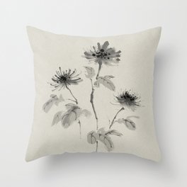 Flower Japanese Ink Painting - Calm Monotone Zen Art Throw Pillow