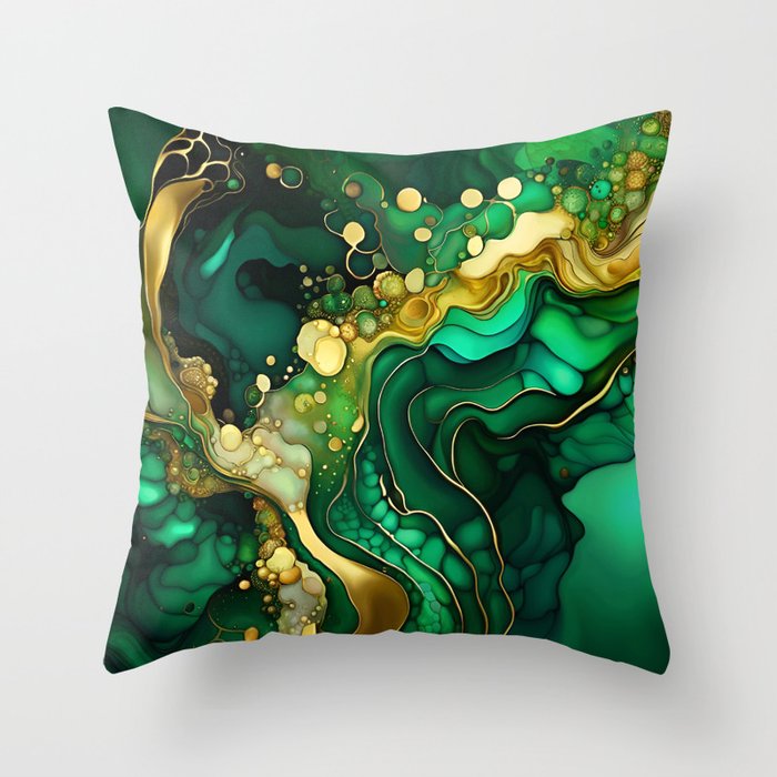 Fluid Art - Emerald and Gold Throw Pillow