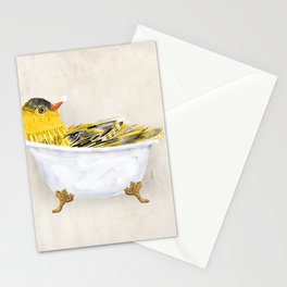 Canary Yellow Bird clawfoot tub bubble bath soap art artwork birdbath  Stationery Card
