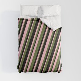 [ Thumbnail: Pink, Dark Olive Green & Black Colored Stripes Pattern Comforter ]