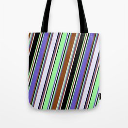 [ Thumbnail: Eyecatching Slate Blue, Brown, Lavender, Black & Green Colored Stripes Pattern Tote Bag ]