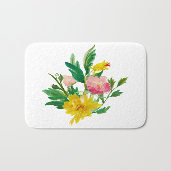 Watercolor Bouquet of Yellow and Purple Peonies Bath Mat