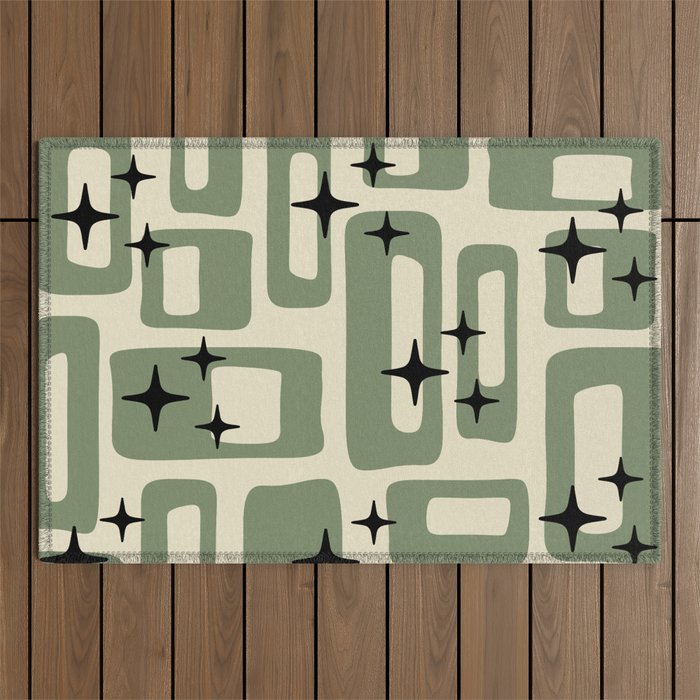 Retro Mid Century Modern Abstract Pattern 352 Black Sage Green and Beige Outdoor Rug