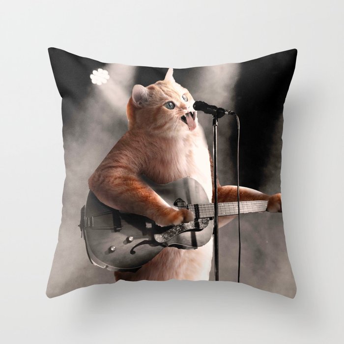 Rocker Cat With Rock Guitar Throw Pillow