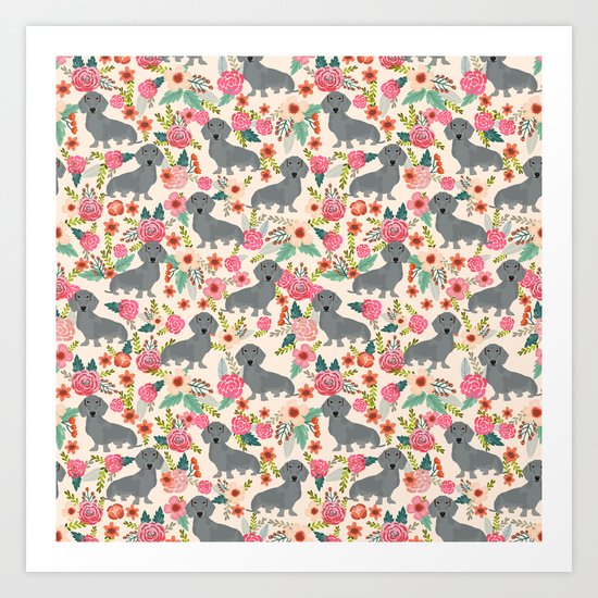 Dachshund florals grey doxie dachsie pattern with flowers cute gifts for wiener dog owners Art Print