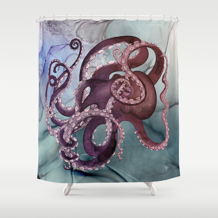 Purple Octopus Monster in a River of Teal Ink Shower Curtain