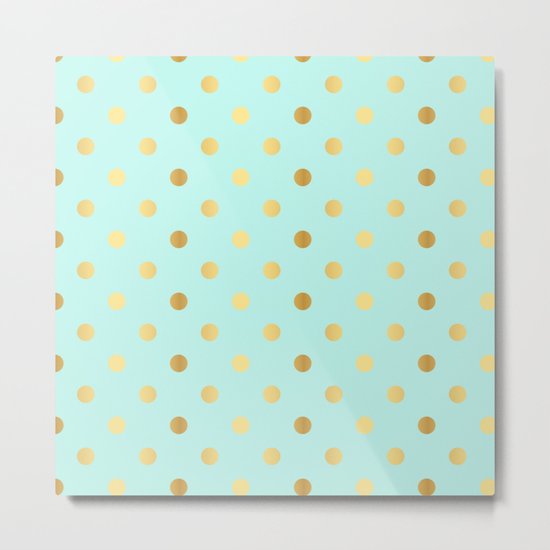 Gold foil glitter polkadots on aqua Metal Print