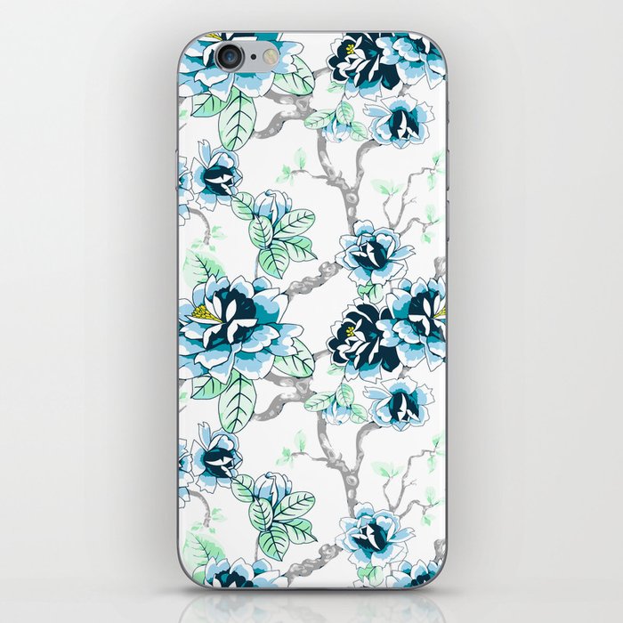 Spring Flowers Pattern Blue Soft Green on White iPhone Skin