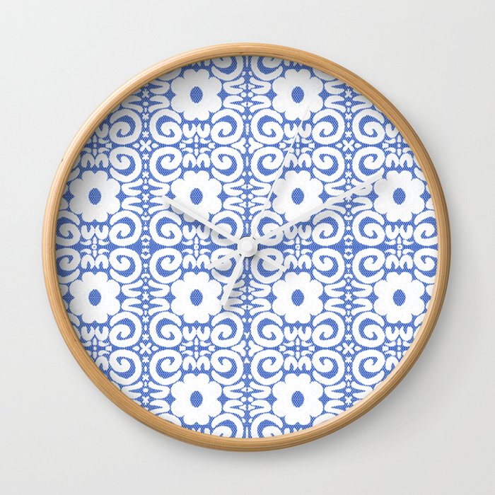 Retro Daisy Flower Lace White On Blue Wall Clock