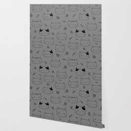 Grey and Black Doodle Kitten Faces Pattern Wallpaper