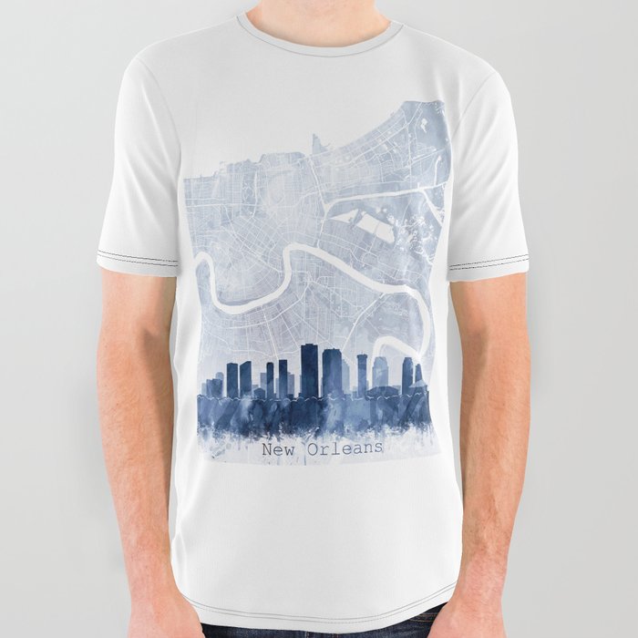 New Orleans Skyline & Map Watercolor Navy Blue, Print by Zouzounio Art All Over Graphic Tee