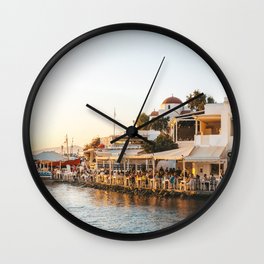 Sunset over Greek Tavern on the Seaside | Sunset Travel Photography on Mykonos, Greece | Summer Vibes Wall Clock