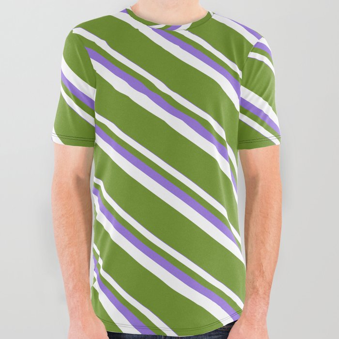 Purple, White, and Green Colored Striped Pattern All Over Graphic Tee