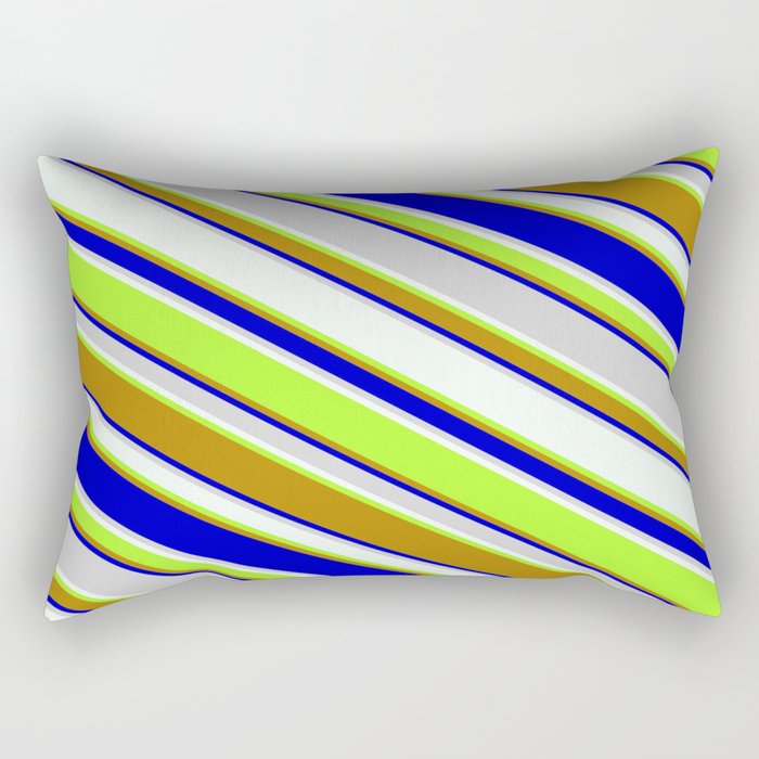 Colorful Light Gray, Mint Cream, Light Green, Dark Goldenrod, and Blue Colored Striped/Lined Pattern Rectangular Pillow