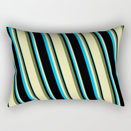 [ Thumbnail: Dark Olive Green, Pale Goldenrod, Deep Sky Blue, and Black Colored Pattern of Stripes Rectangular Pillow ]