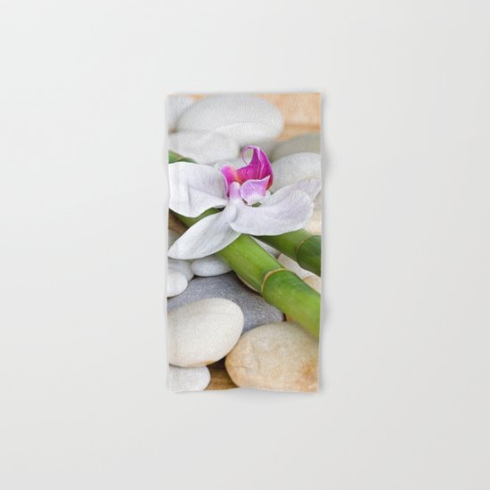 white Orchid flower and green Bamboo still life Hand & Bath Towel