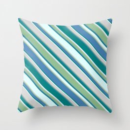 [ Thumbnail: Eye-catching Light Cyan, Light Grey, Dark Sea Green, Blue, and Teal Colored Striped Pattern Throw Pillow ]
