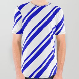 [ Thumbnail: Blue & White Colored Striped Pattern All Over Graphic Tee ]