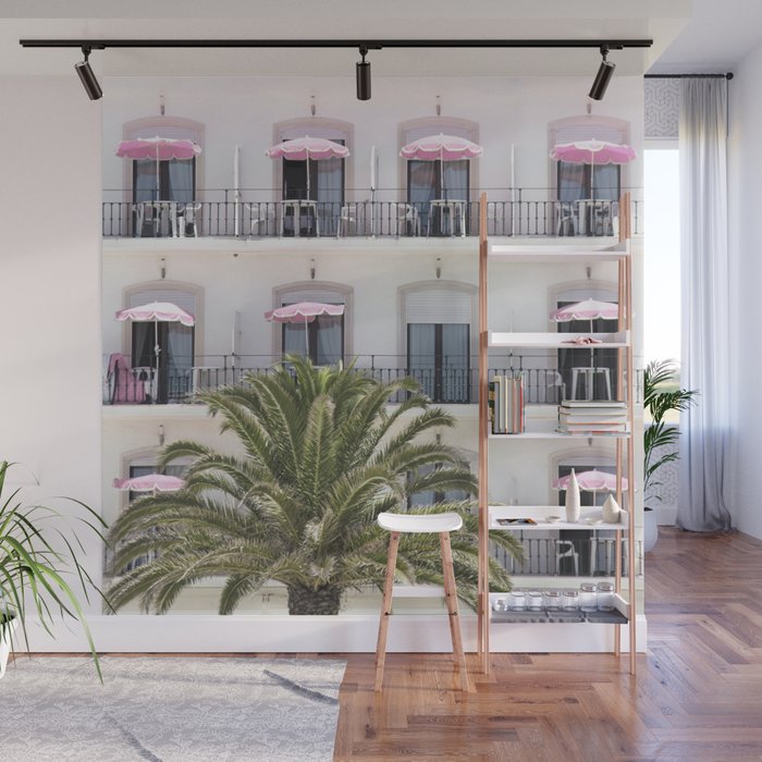  Palm Tree - Pink Sun Umbrellas - Architecture - Vacation - Europe Travel Photography Wall Mural