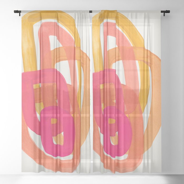 Funky Retro 70's Style Pattern Orange Pink Greindent Striped Circles Mid Century Colorful Pop Art Sheer Curtain