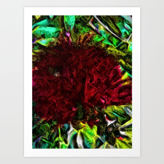 Red Flower in the Shadows and Bright Green Leaves Art Print