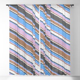 [ Thumbnail: Blue, Plum, Brown, White & Black Colored Lined/Striped Pattern Sheer Curtain ]